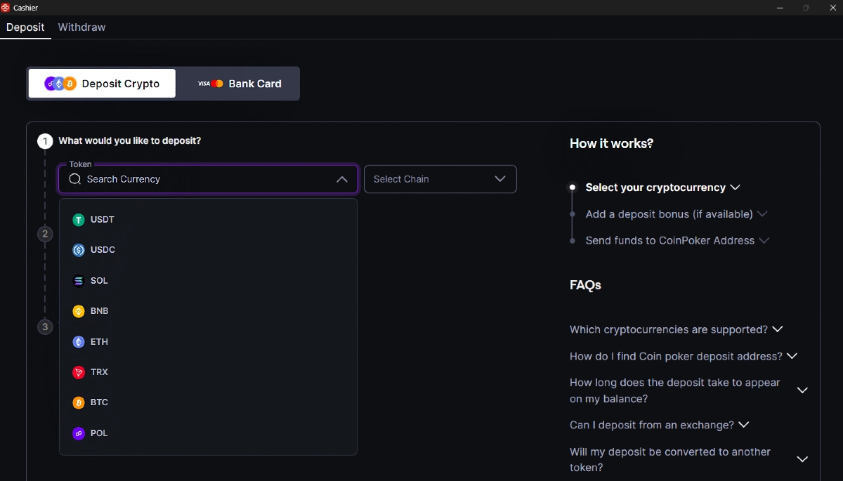 CoinPoker cashier deposit interface showing the cryptocurrency selection list and network options